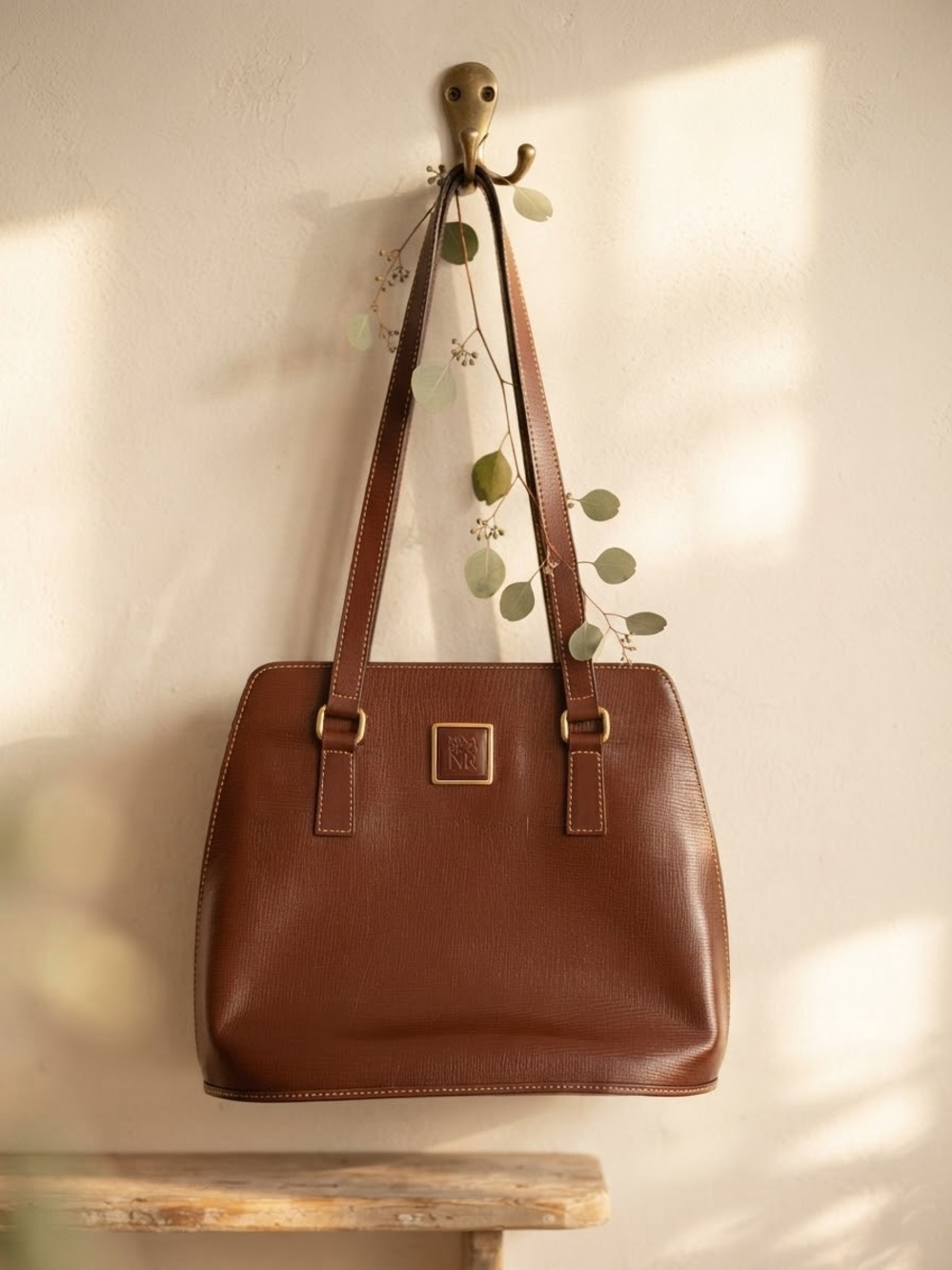 Classic Brown Leather Tote Bag with Logo Accent